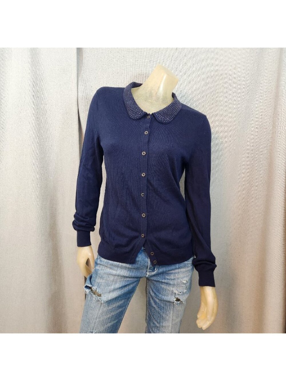 Merona Navy Blue Peter Pan Collar Long Slv Cardigan Sweater Top LARGE Coquette